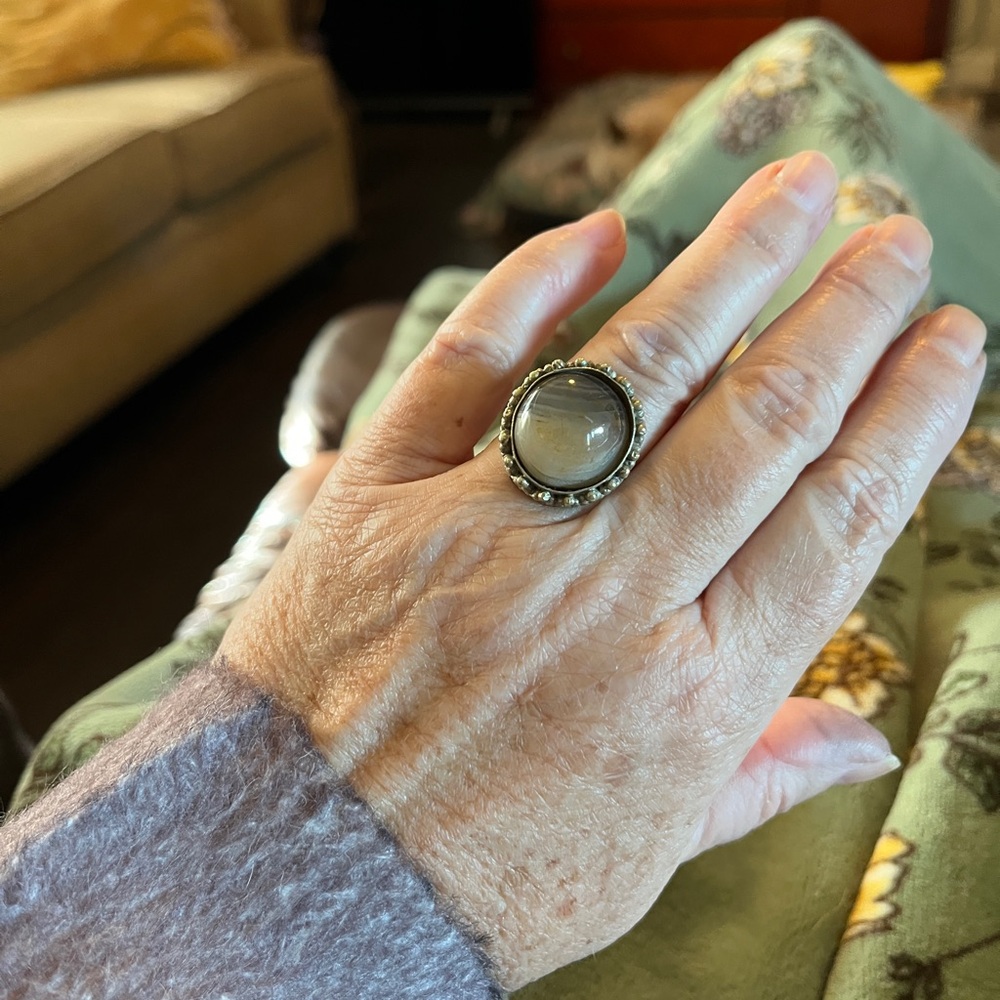 Vintage Silver and Agate? Picture Jasper? Size 8 Ring.